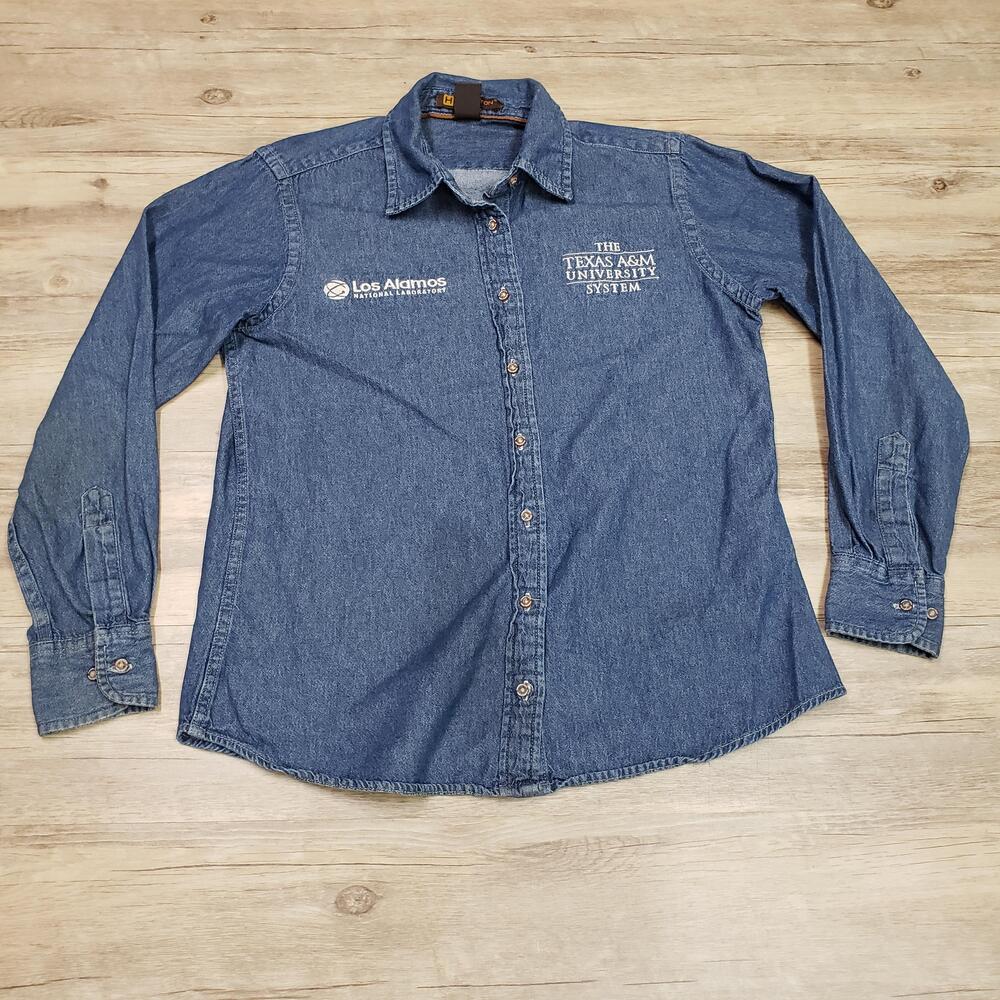 Texas A&M Los Alamos Shirt Womens Medium Blue Denim Embroidered Top Harriton